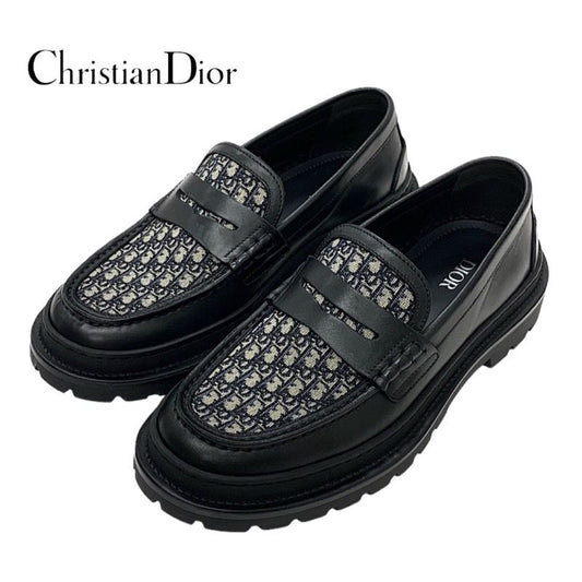 Christian DIOR Explorer Loafer Leather Shoes Leather Black Beige Oblique Men's