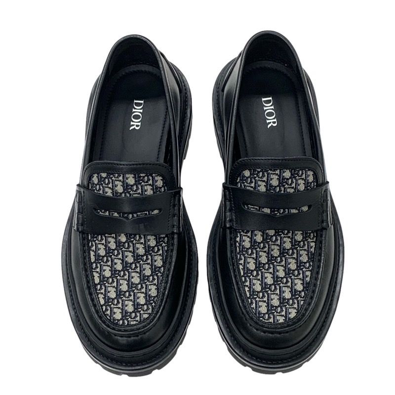 Christian DIOR Explorer Loafer Leather Shoes Leather Black Beige Oblique Men's