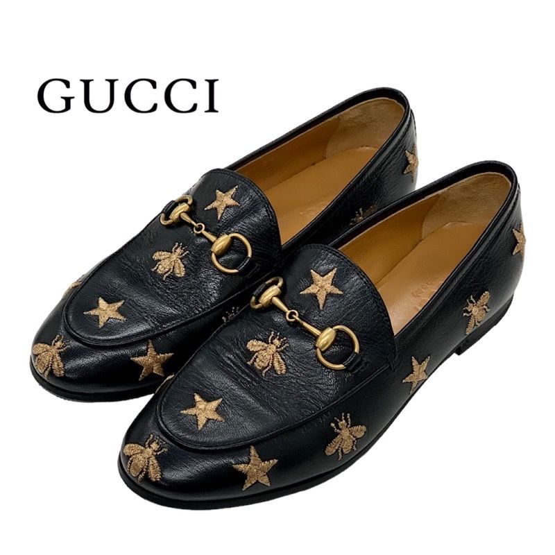 Gucci Loafers Leather Shoes Flat Shoes Horsebit Bee Star Embroidery Leather