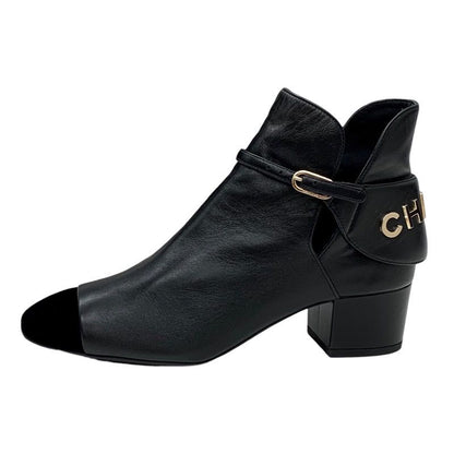 Chanel Boots Short Boots Shoes Leather Velor Black Logo Unused