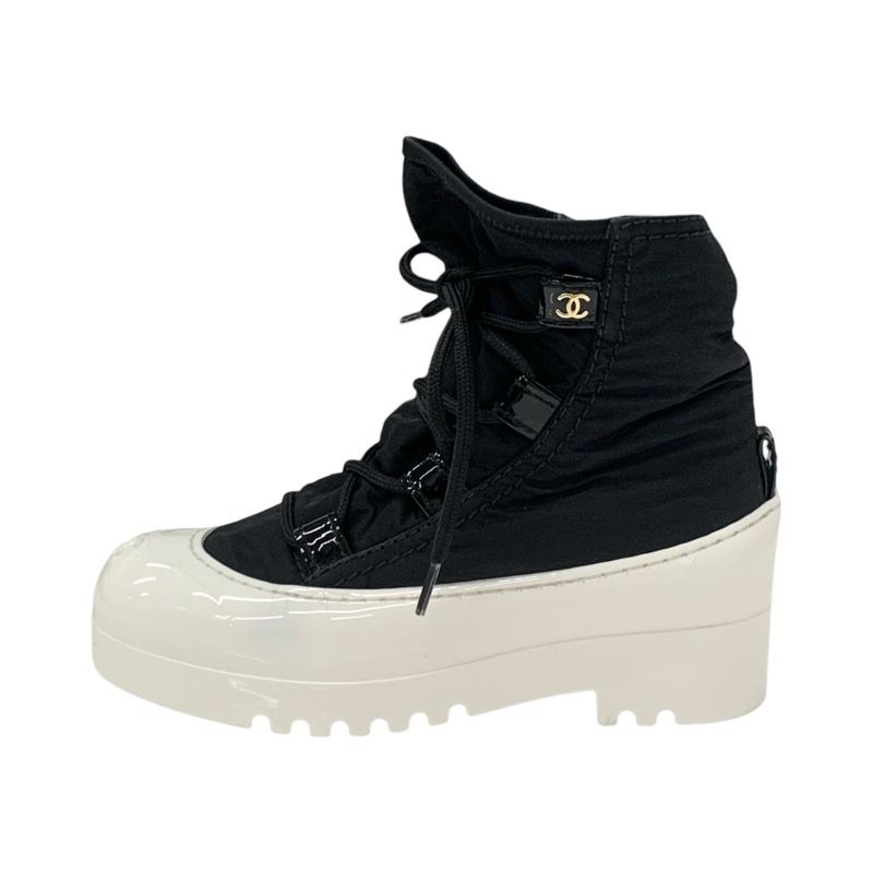 Chanel Boots Short Boots Shoes Nylon Patent Black White Here Mark Lace Up