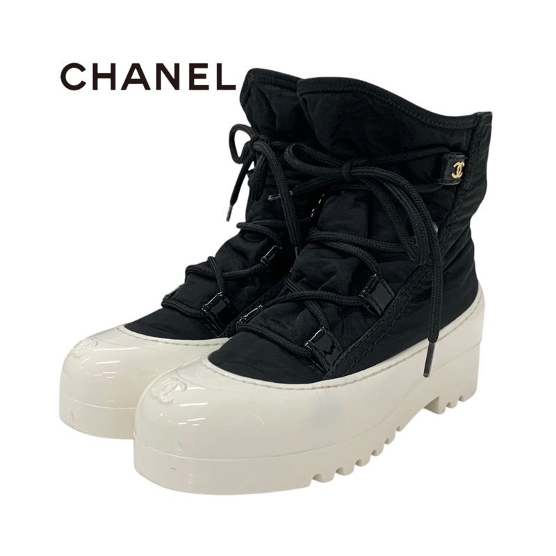 Chanel Boots Short Boots Shoes Nylon Patent Black White Here Mark Lace Up