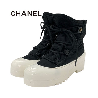 Chanel Boots Short Boots Shoes Nylon Patent Black White Here Mark Lace Up
