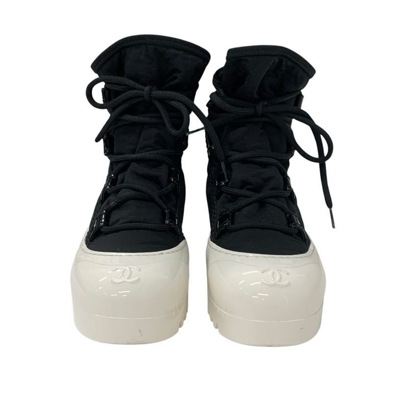 Chanel Boots Short Boots Shoes Nylon Patent Black White Here Mark Lace Up
