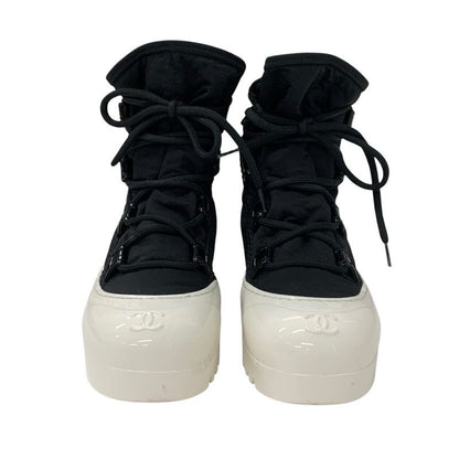 Chanel Boots Short Boots Shoes Nylon Patent Black White Here Mark Lace Up
