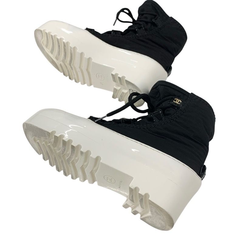 Chanel Boots Short Boots Shoes Nylon Patent Black White Here Mark Lace Up