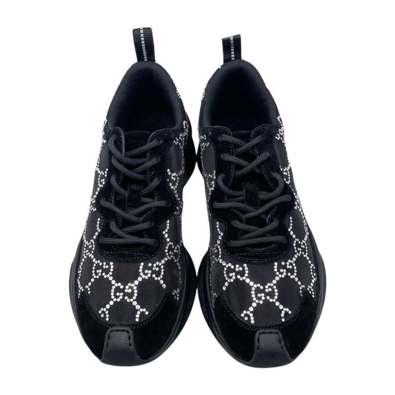 Gucci Sneakers - RUN GG Crystal 758088 34 1 2 Size Mesh Suede Rhinestone Black