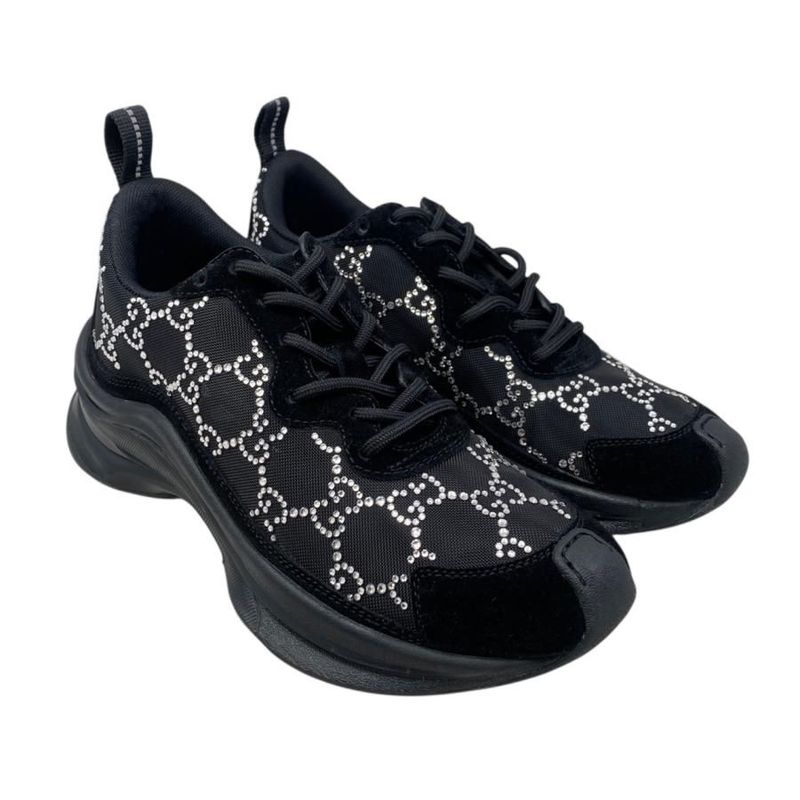 Gucci Sneakers - RUN GG Crystal 758088 34 1 2 Size Mesh Suede Rhinestone Black