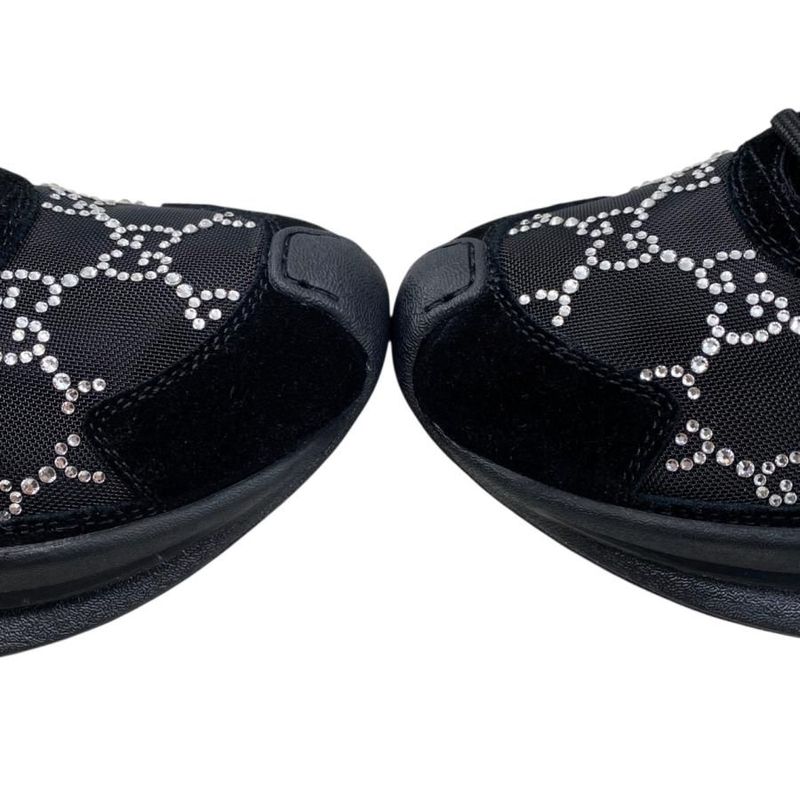 Gucci Sneakers - RUN GG Crystal 758088 34 1 2 Size Mesh Suede Rhinestone Black