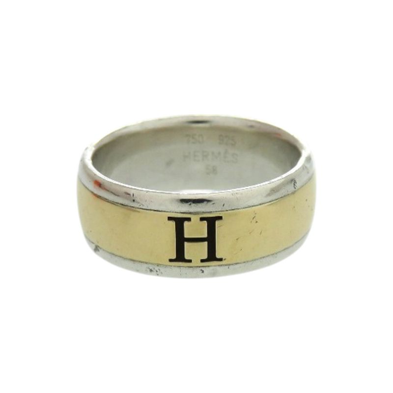 Hermes H Logo Silver 925 18k Yellow Gold Size 58 Silver Ring 1633 Hermes
