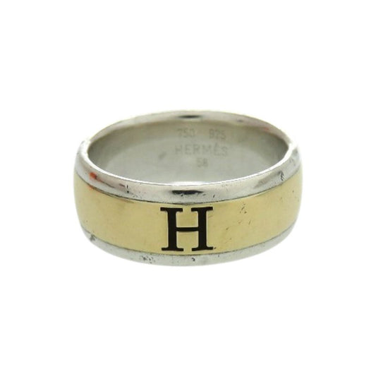 Hermes H Logo Silver 925 18k Yellow Gold Size 58 Silver Ring 1633 Hermes
