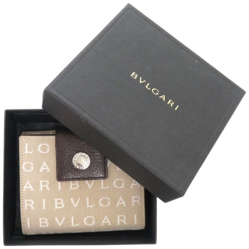 Bvlgari Logomania Canvas Leather Silver Hardware Beige Bifold Wallet 0445