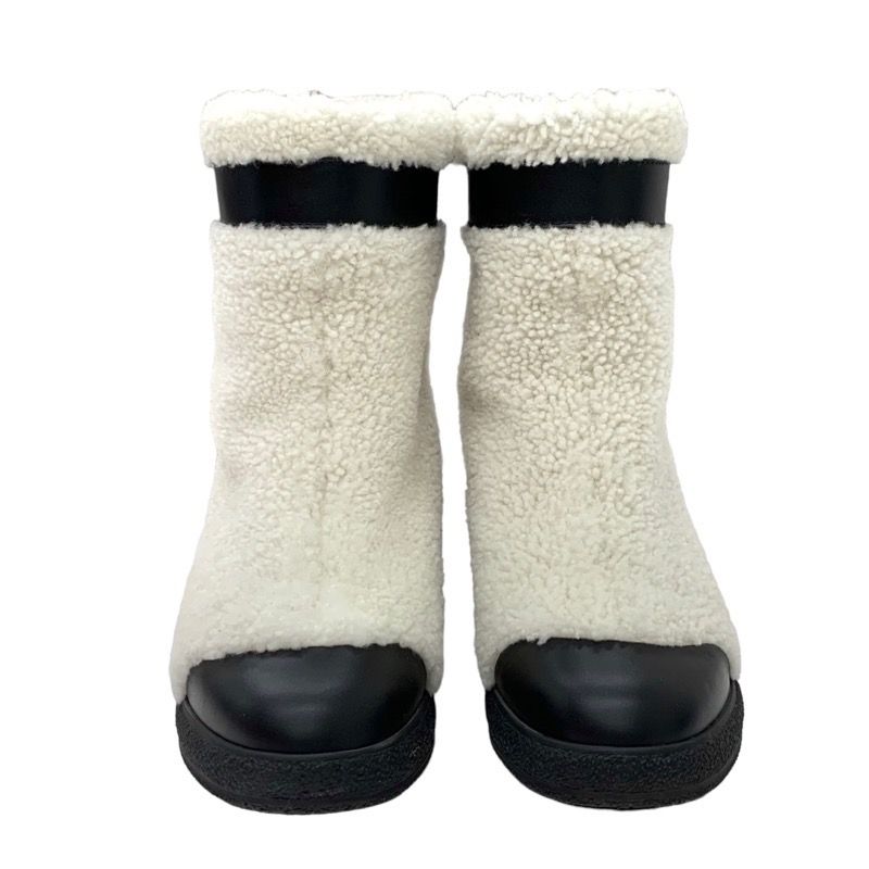 Chanel Boots Short Boots Shoes Shearling White Black Boa Here Mark Logo