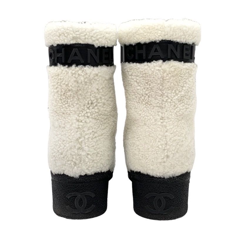 Chanel Boots Short Boots Shoes Shearling White Black Boa Here Mark Logo