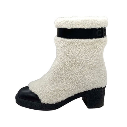 Chanel Boots Short Boots Shoes Shearling White Black Boa Here Mark Logo