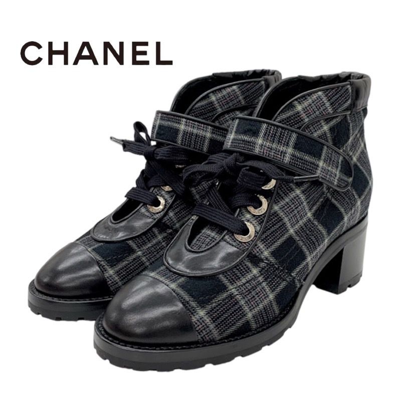 Chanel Boots Short Boots Shoes Check Lace Up Fabric Leather Black