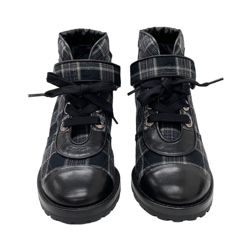 Chanel Boots Short Boots Shoes Check Lace Up Fabric Leather Black