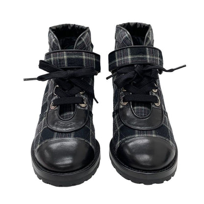 Chanel Boots Short Boots Shoes Check Lace Up Fabric Leather Black
