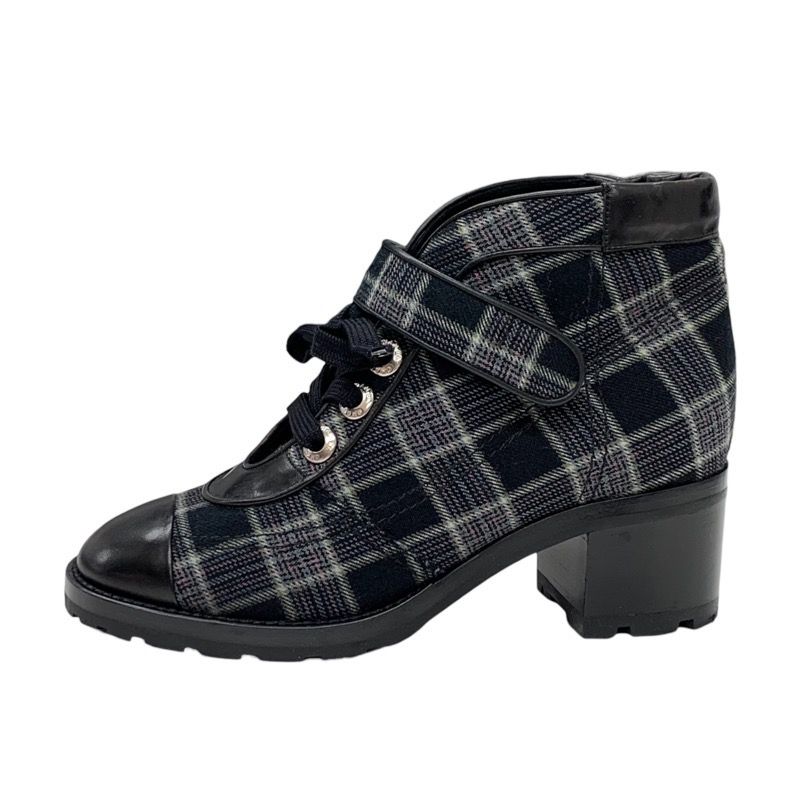 Chanel Boots Short Boots Shoes Check Lace Up Fabric Leather Black