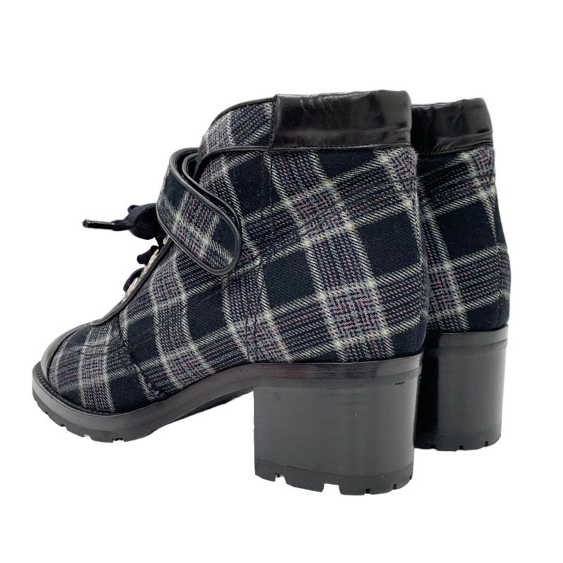 Chanel Boots Short Boots Shoes Check Lace Up Fabric Leather Black