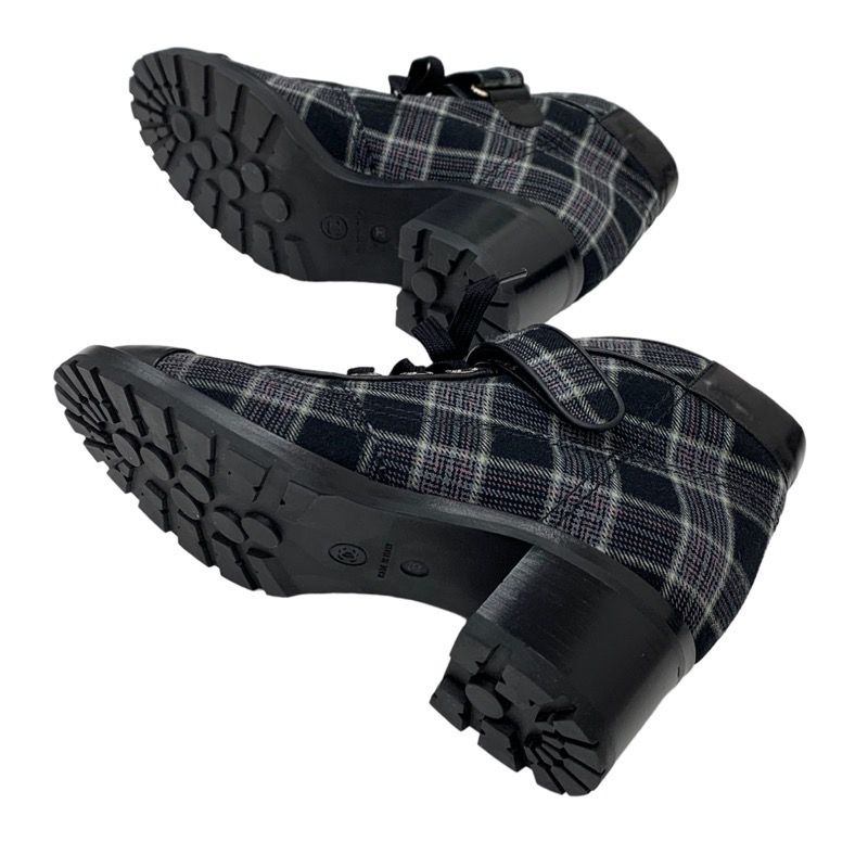 Chanel Boots Short Boots Shoes Check Lace Up Fabric Leather Black