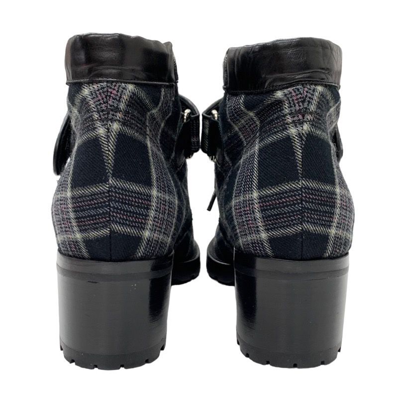 Chanel Boots Short Boots Shoes Check Lace Up Fabric Leather Black