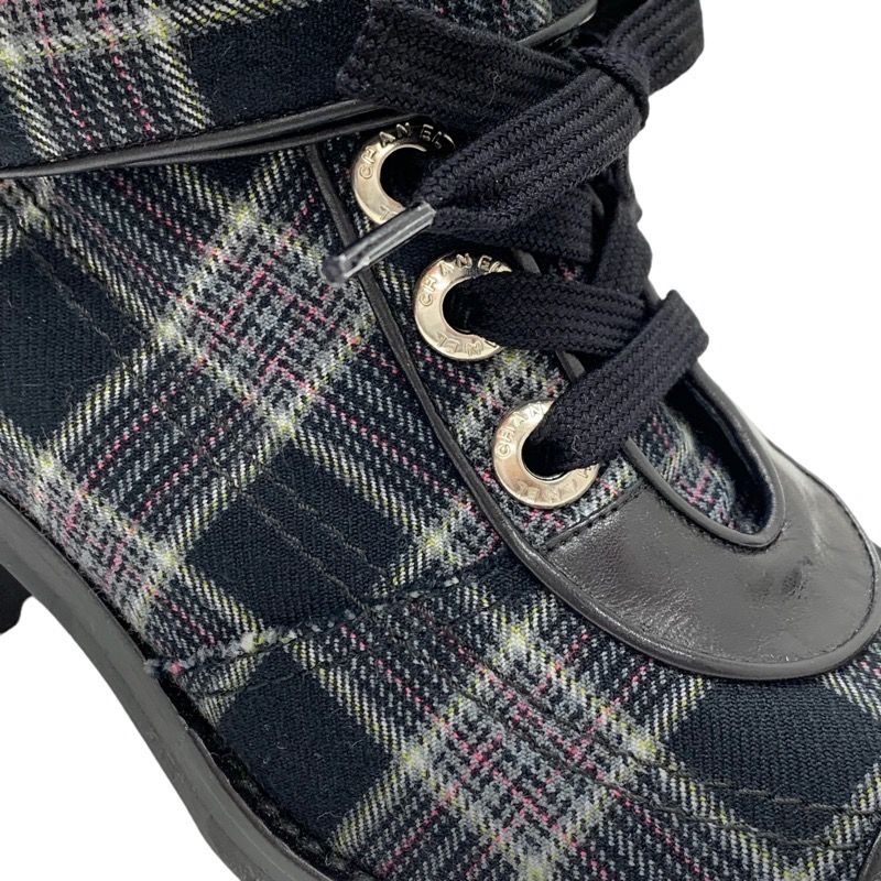 Chanel Boots Short Boots Shoes Check Lace Up Fabric Leather Black