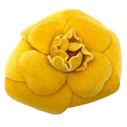 Chanel Camellia Corsage Brooch Flower Yellow Velvet Aq12352