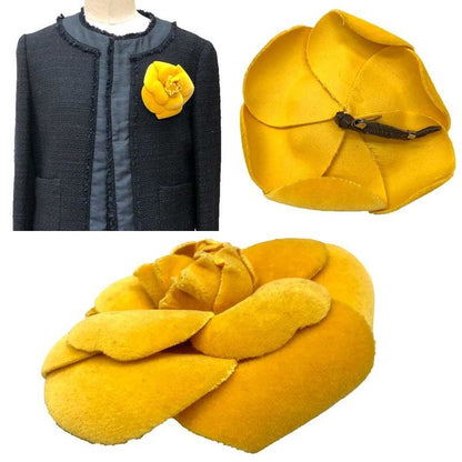 Chanel Camellia Corsage Brooch Flower Yellow Velvet Aq12352