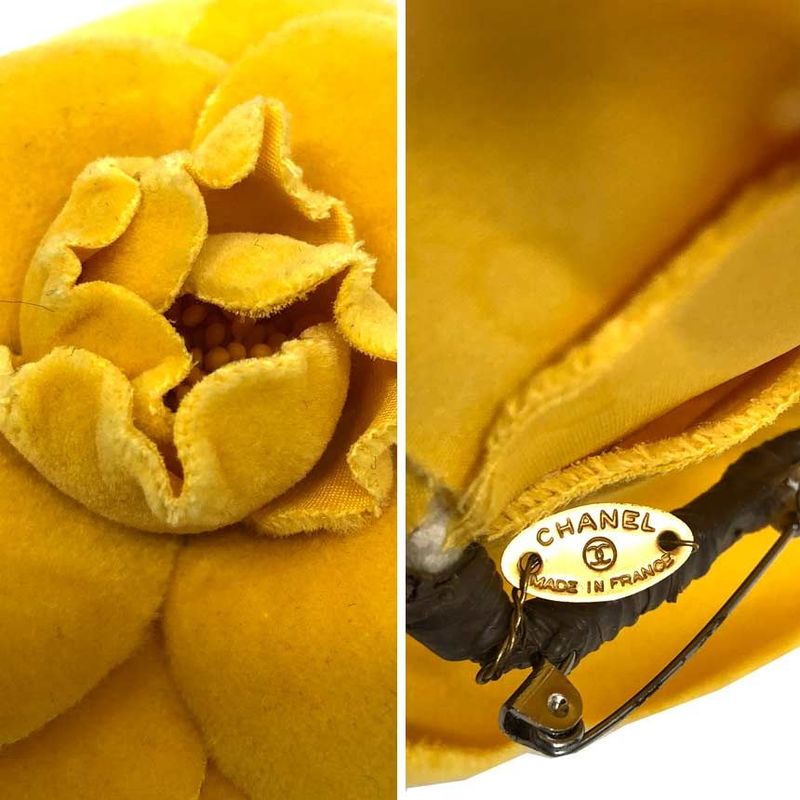 Chanel Camellia Corsage Brooch Flower Yellow Velvet Aq12352