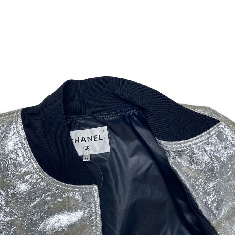 Chanel Blouson Size 38 M Women's - P53732 Silver X Navy Lambskin 2016 Spring