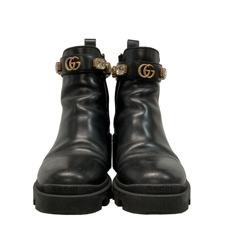 Gucci Short Boots 37 Women's - 550036 Black Side Gore Bijou Double G Belt