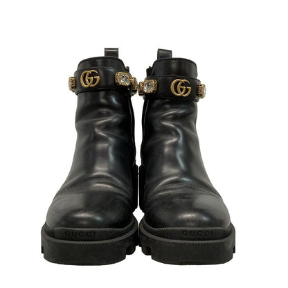 Gucci Short Boots 37 Women's - 550036 Black Side Gore Bijou Double G Belt