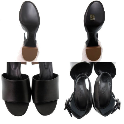 Hermes Ankle Strap Chunky Heel 20103iz Leather Wood Black Sandals 1897 Hermes