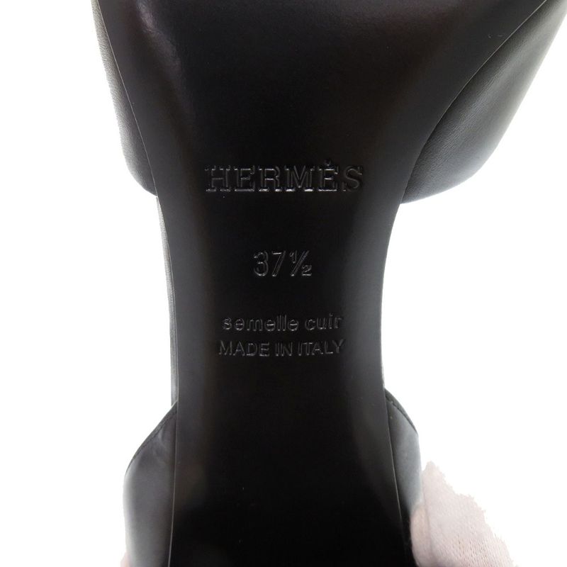 Hermes Ankle Strap Chunky Heel 20103iz Leather Wood Black Sandals 1897 Hermes