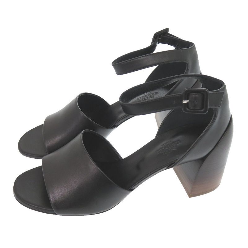 Hermes Ankle Strap Chunky Heel 20103iz Leather Wood Black Sandals 1897 Hermes