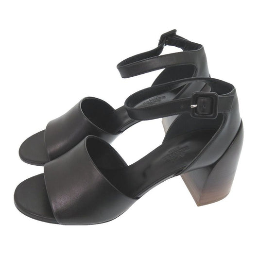 Hermes Ankle Strap Chunky Heel 20103iz Leather Wood Black Sandals 1897 Hermes