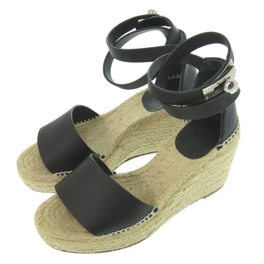 Hermes Tipoli Espadrilles Kelly Strap Wedge Sole Leather Black Silver Hardware