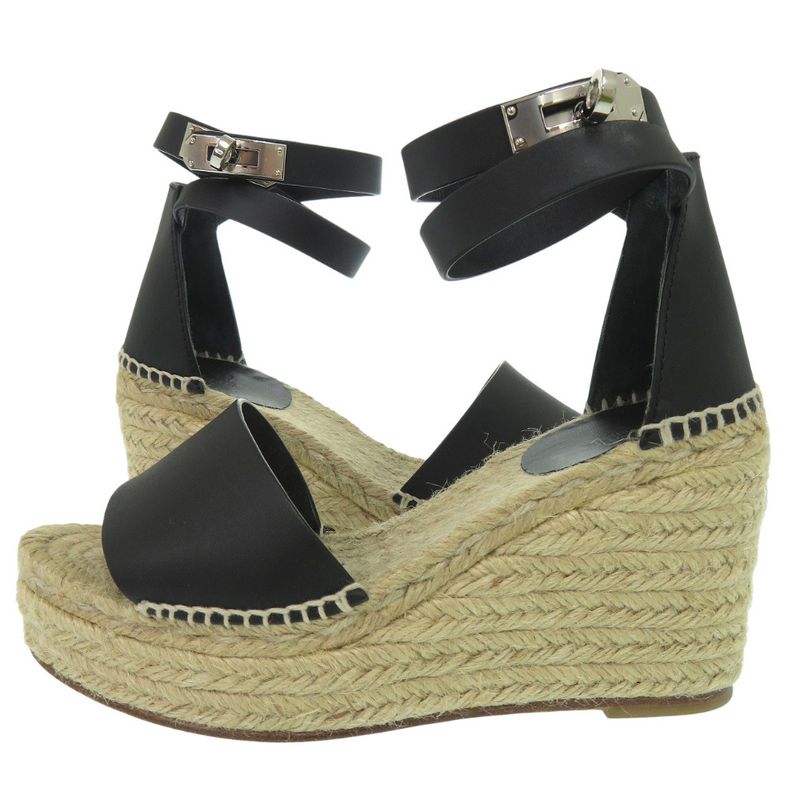 Hermes Tipoli Espadrilles Kelly Strap Wedge Sole Leather Black Silver Hardware