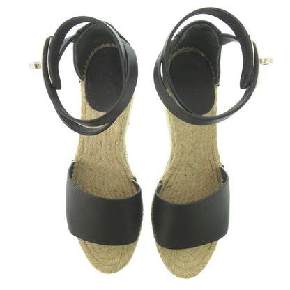 Hermes Tipoli Espadrilles Kelly Strap Wedge Sole Leather Black Silver Hardware