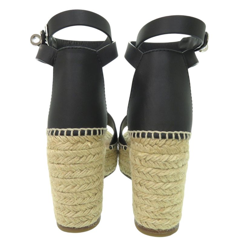 Hermes Tipoli Espadrilles Kelly Strap Wedge Sole Leather Black Silver Hardware