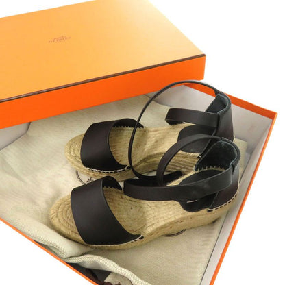 Hermes Tipoli Espadrilles Kelly Strap Wedge Sole Leather Black Silver Hardware