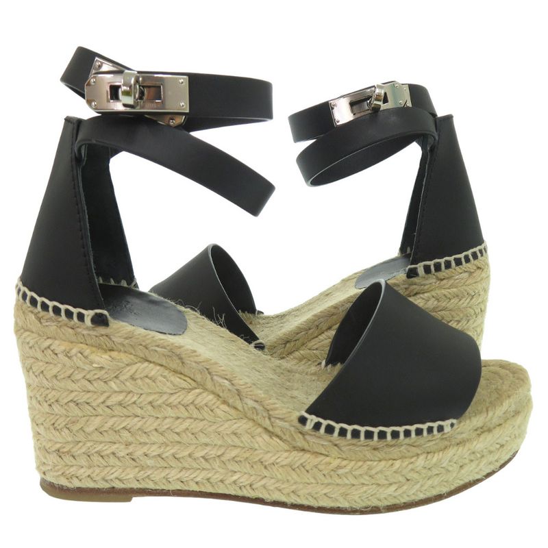 Hermes Tipoli Espadrilles Kelly Strap Wedge Sole Leather Black Silver Hardware
