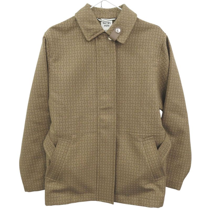 Hermes Short Coat with Mosaic Belt Cotton Beige Outerwear 0255 Hermes