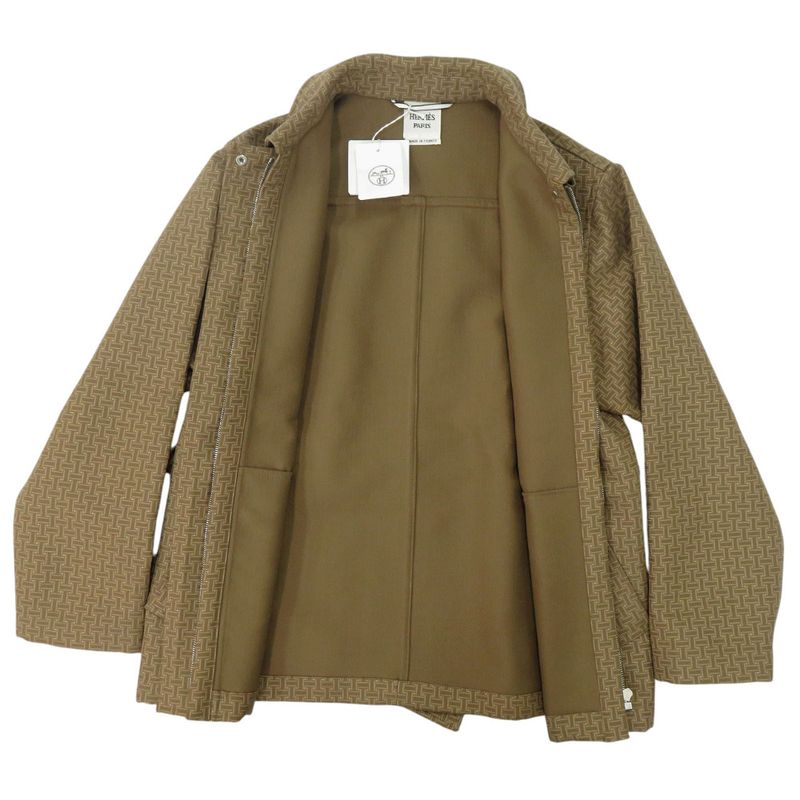 Hermes Short Coat with Mosaic Belt Cotton Beige Outerwear 0255 Hermes
