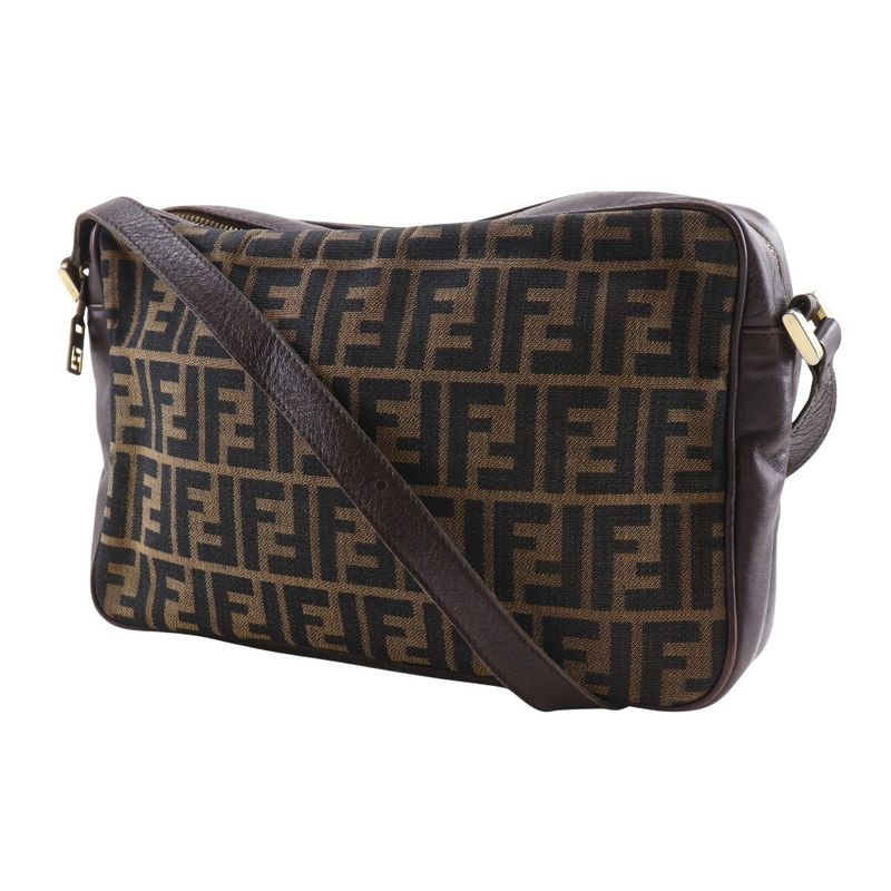 Fendi Zucca Nylon Canvas Leather Brown Women's Shoulder Bag