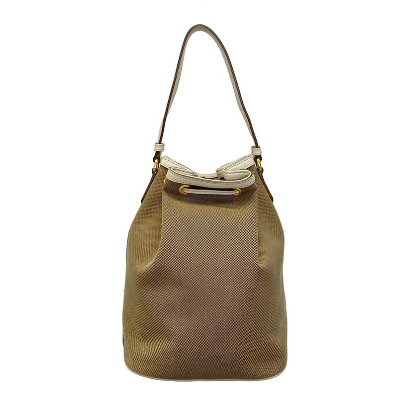 Prada Handbag Duet Logo Jacquard 1bh038 Beige X White Drawstring Shape Leather