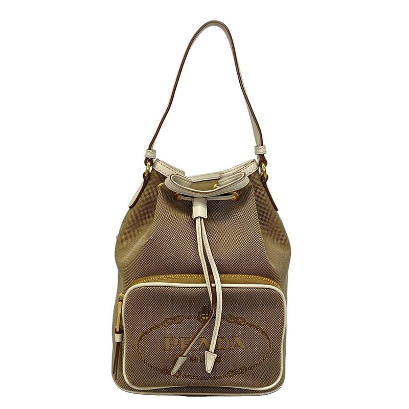 Prada Handbag Duet Logo Jacquard 1bh038 Beige X White Drawstring Shape Leather