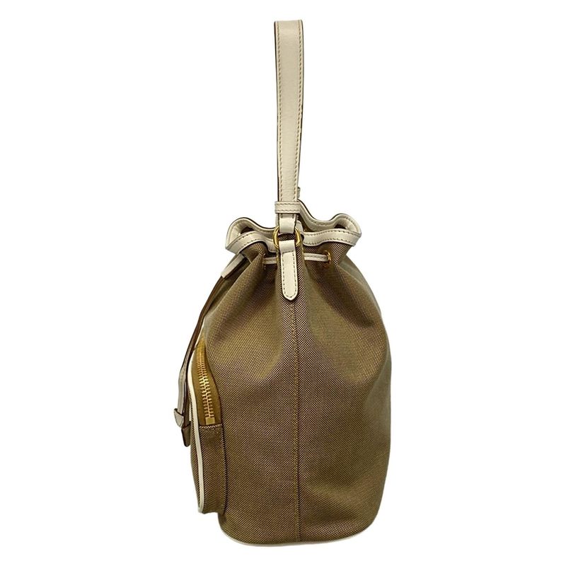 Prada Handbag Duet Logo Jacquard 1bh038 Beige X White Drawstring Shape Leather