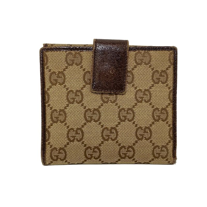 Gucci W Hook Wallet Metal Bar 112664 Dark Brown X Beige Leather